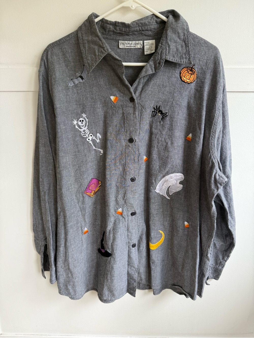 VTG Victoria Jones Halloween Chambray Button Front Shirt Plus Size 1X Skeleton